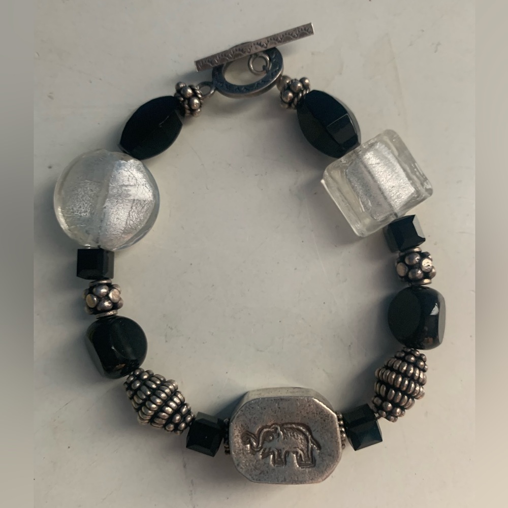 Black Stone Silver Beads Elephant Toggle Bracelet Vintage